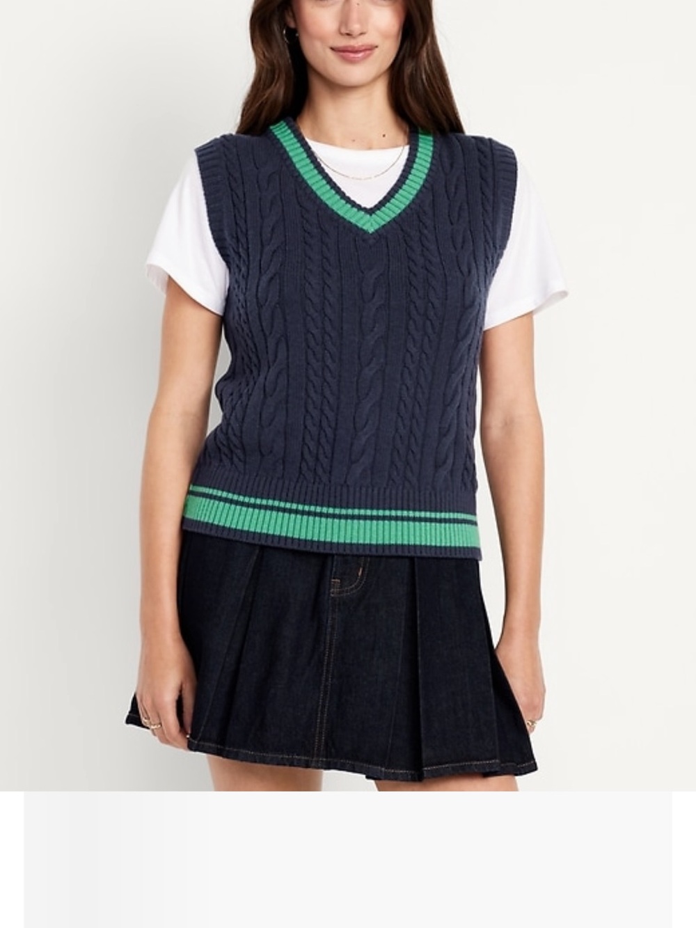 Old Navy Navy V-Neck Cable Knit Sweater Vest with Green Trim